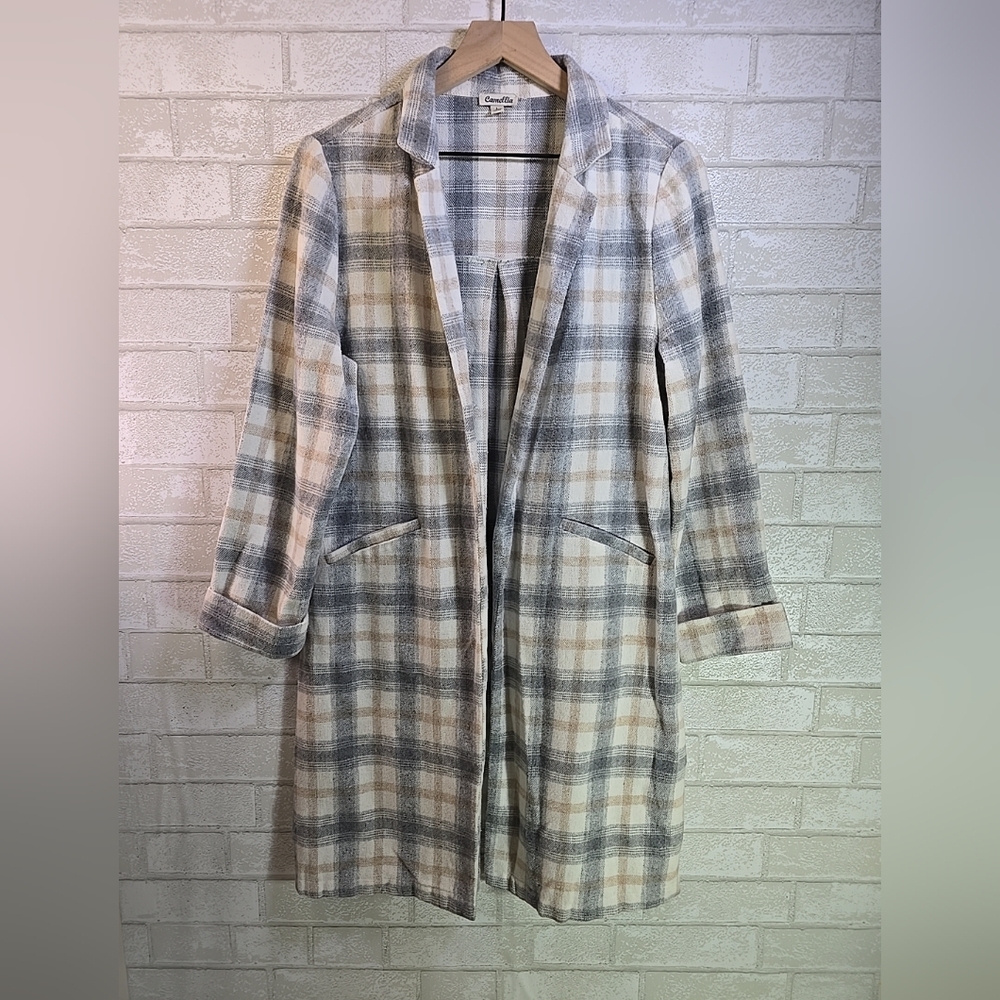Camellia Open Front Gray Plaid Fleece Overcoat Lightweight Jacket Size L